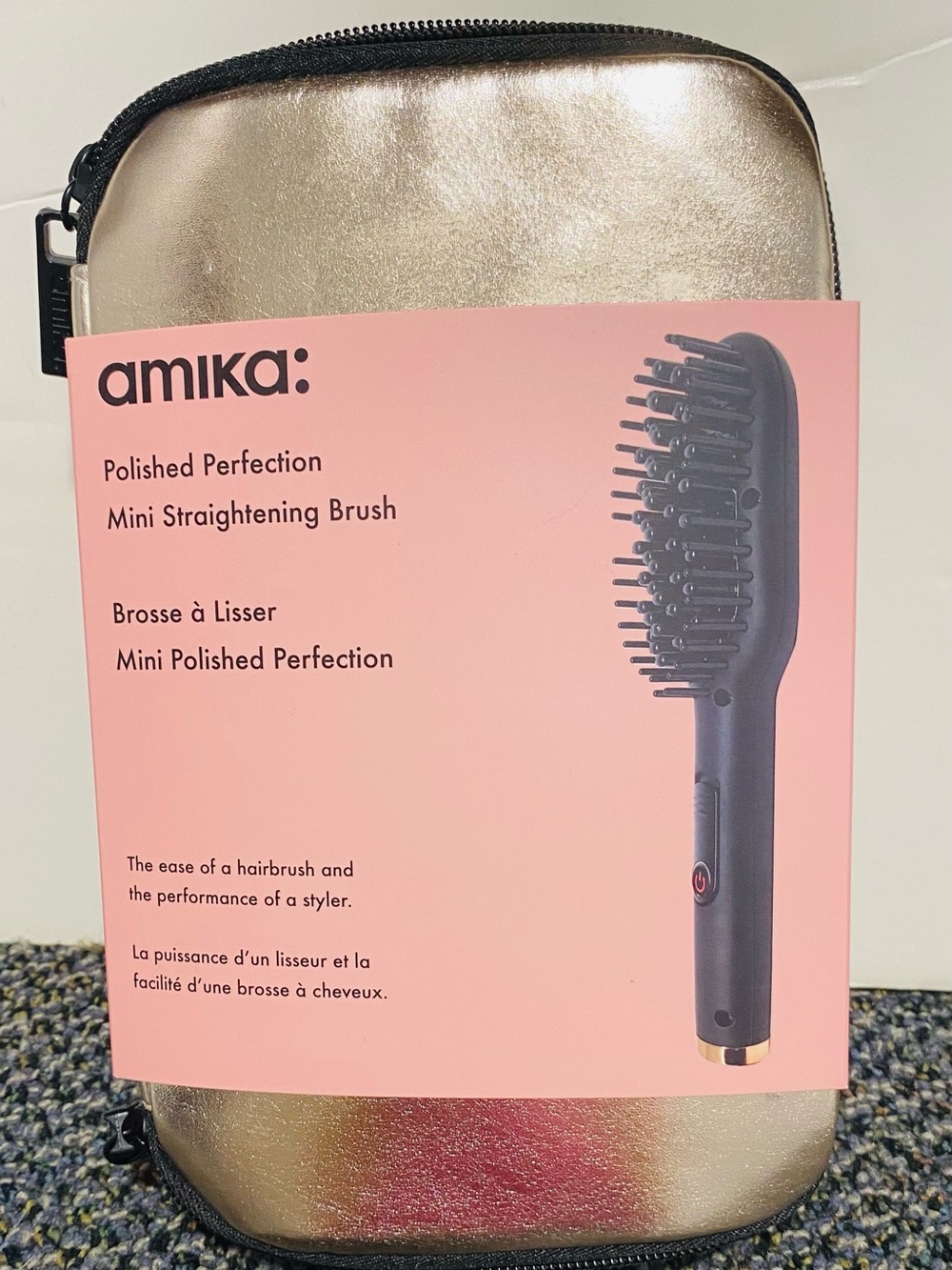 amika Mini Straightening Brush with Metallic Gold Case - Black Almost New
